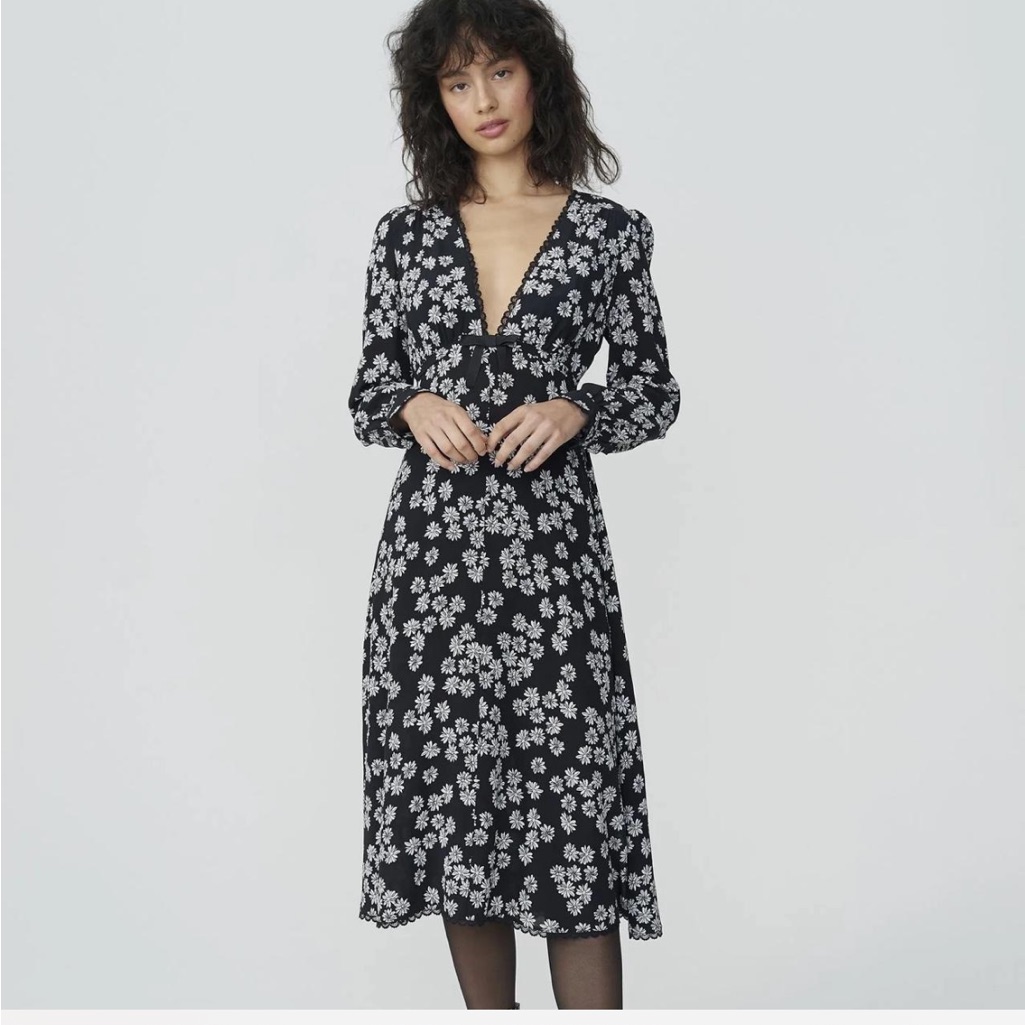 Alexa Chung Floral Black And White Midi Dress